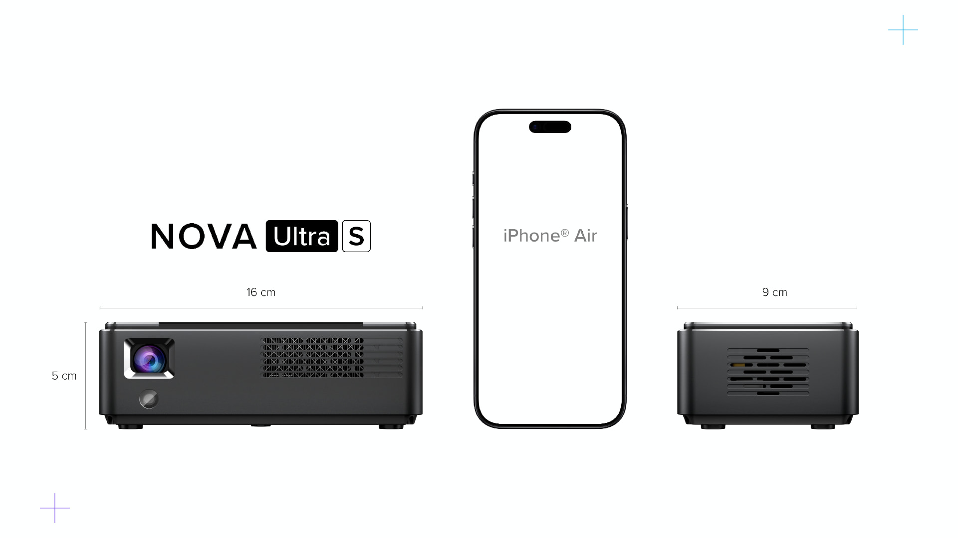 PICZO Nova Ultra S jämförd med en iPhone Air — 16 cm bred, 9 cm djup, 5 cm hög