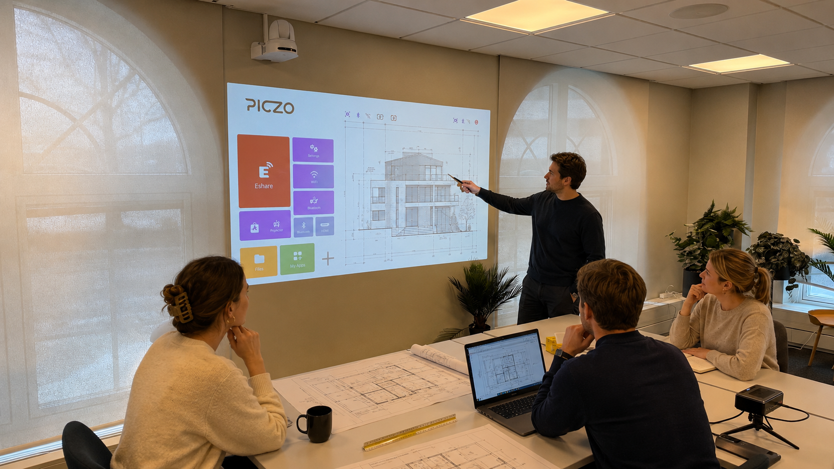 Projektgrupp granskar en husritning projicerad på väggen i ett ljust mötesrum med PICZO Nova Ultra S