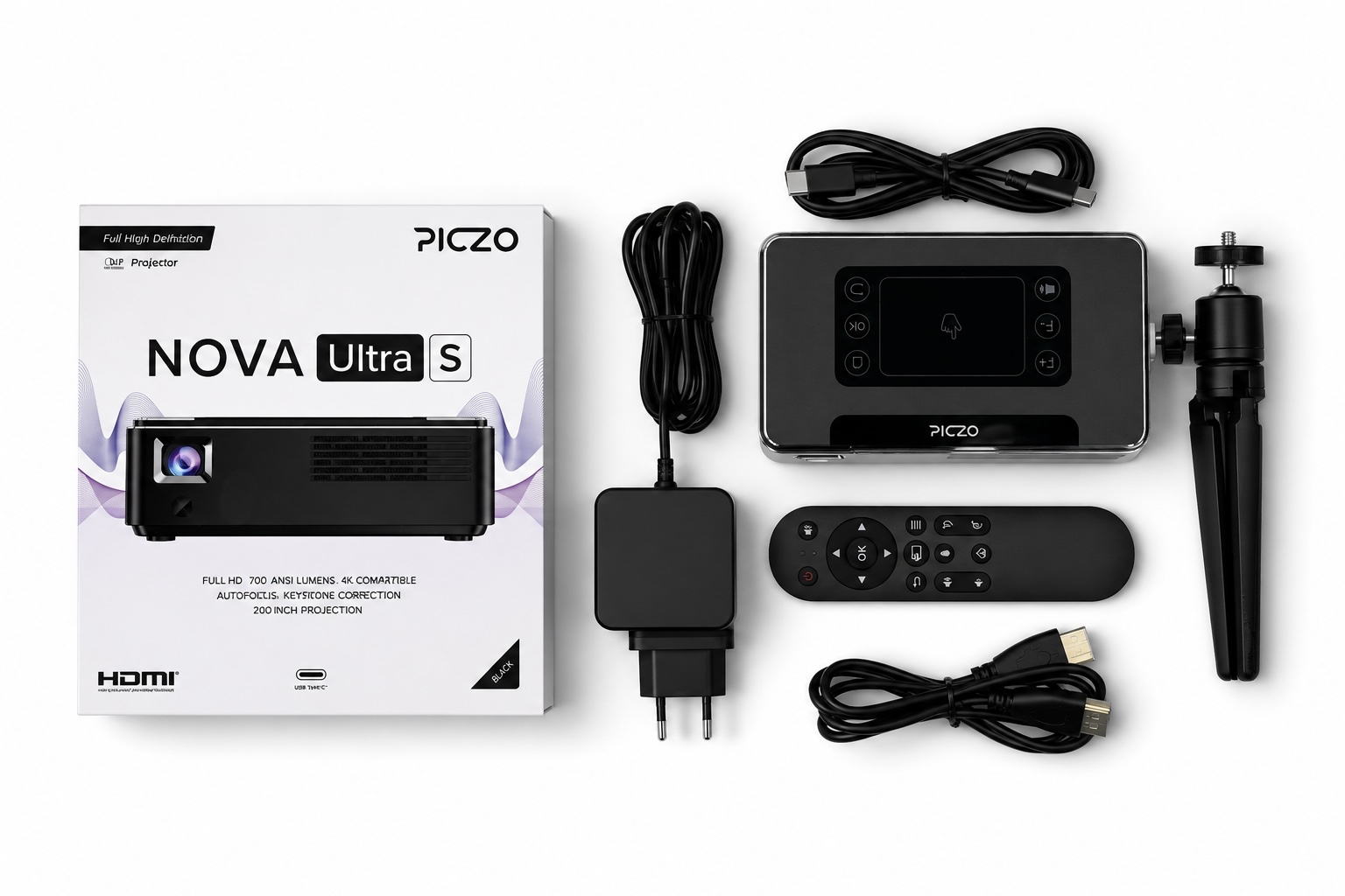 PICZO Nova Ultra S förpackningsinnehåll: projektor, fjärrkontroll, strömadapter, USB-C-kabel, HDMI-kabel, stativ och förpackning