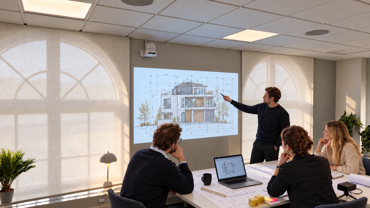 Mötesrum där en kollega visar en arkitektritning projicerad på väggen av PICZO Nova Ultra S medan tre andra följer genomgången
