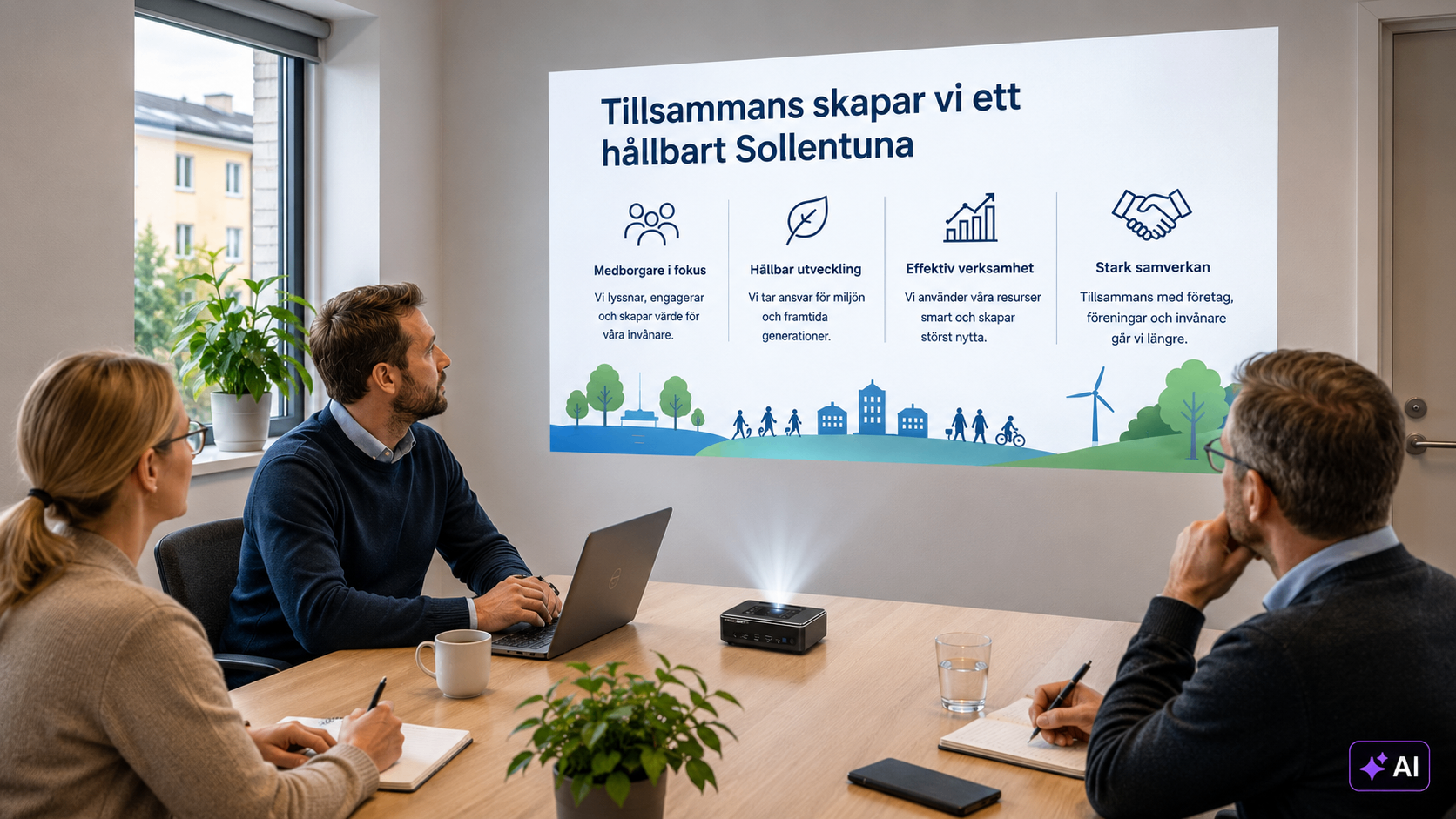 Kollegor i ett ljust mötesrum tittar på en presentation projicerad av PICZO Nova Ultra S