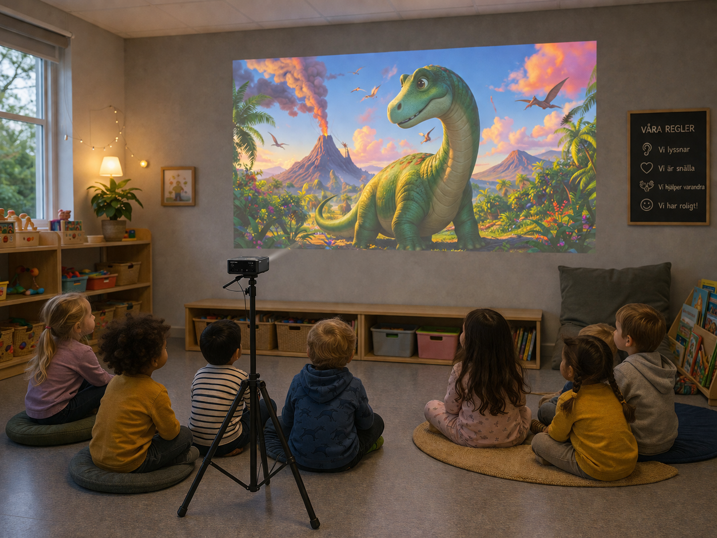 Barn som interagerar med en färgglad projektion på vägg
