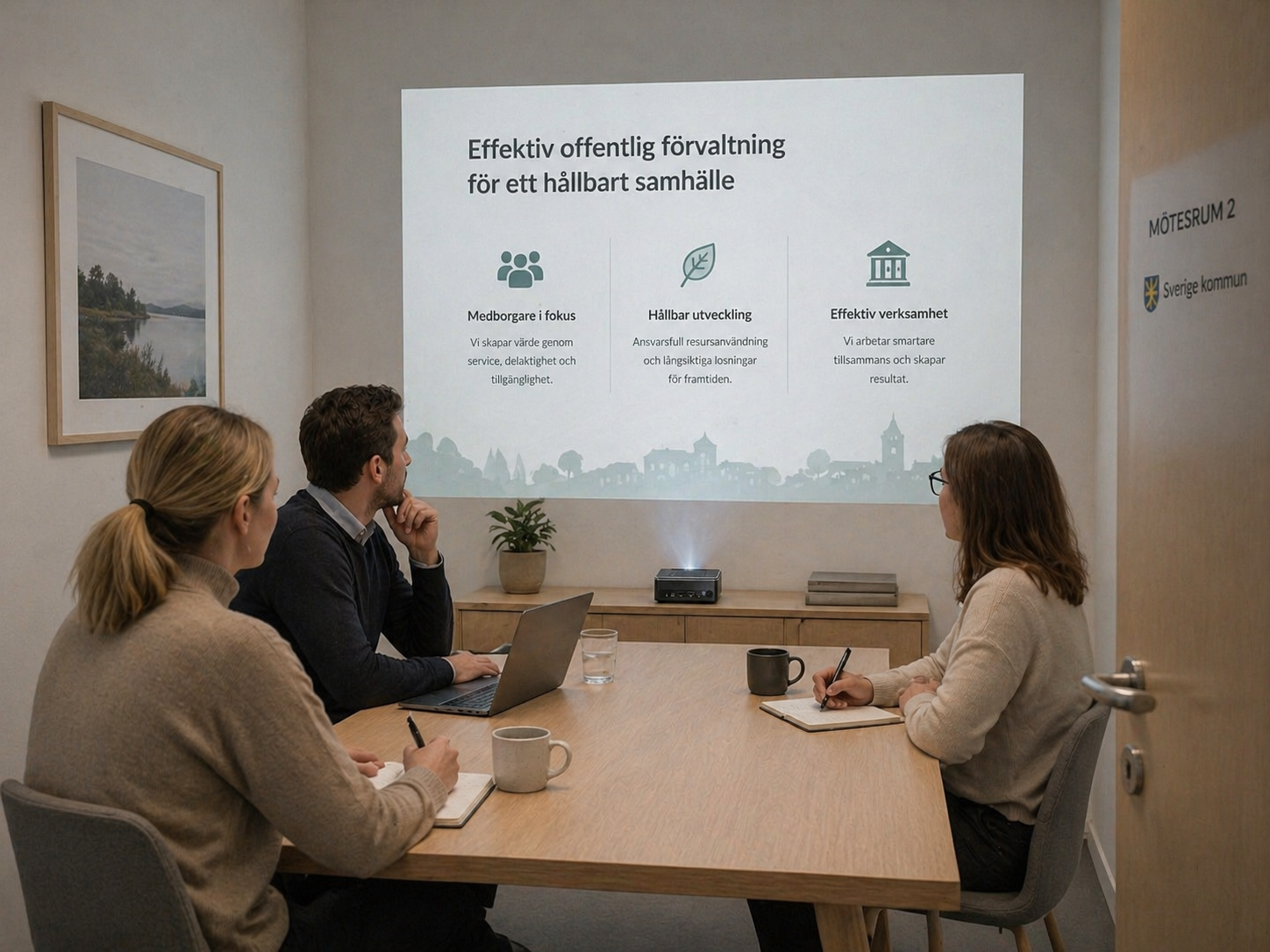 Mötesrum med projicerad presentation — säker IT-miljö